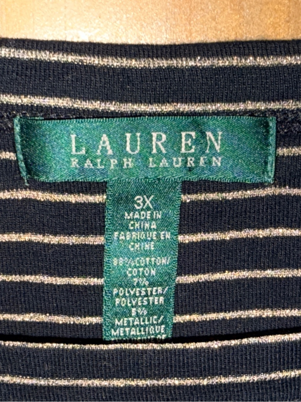 NWOT Lauren Ralph Lauren Black & Metallic Gold Striped Knit Top w 3/4 Sleeve-3X - Picture 2 of 10